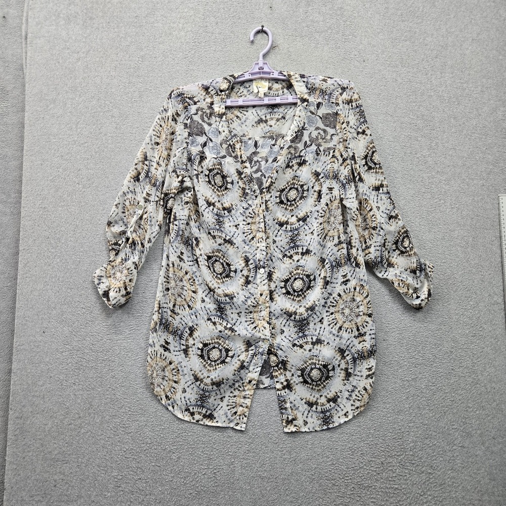 Fig And Flower Women Blouse 1X Beige Floral Button Front V-Neck Tunic Sheer